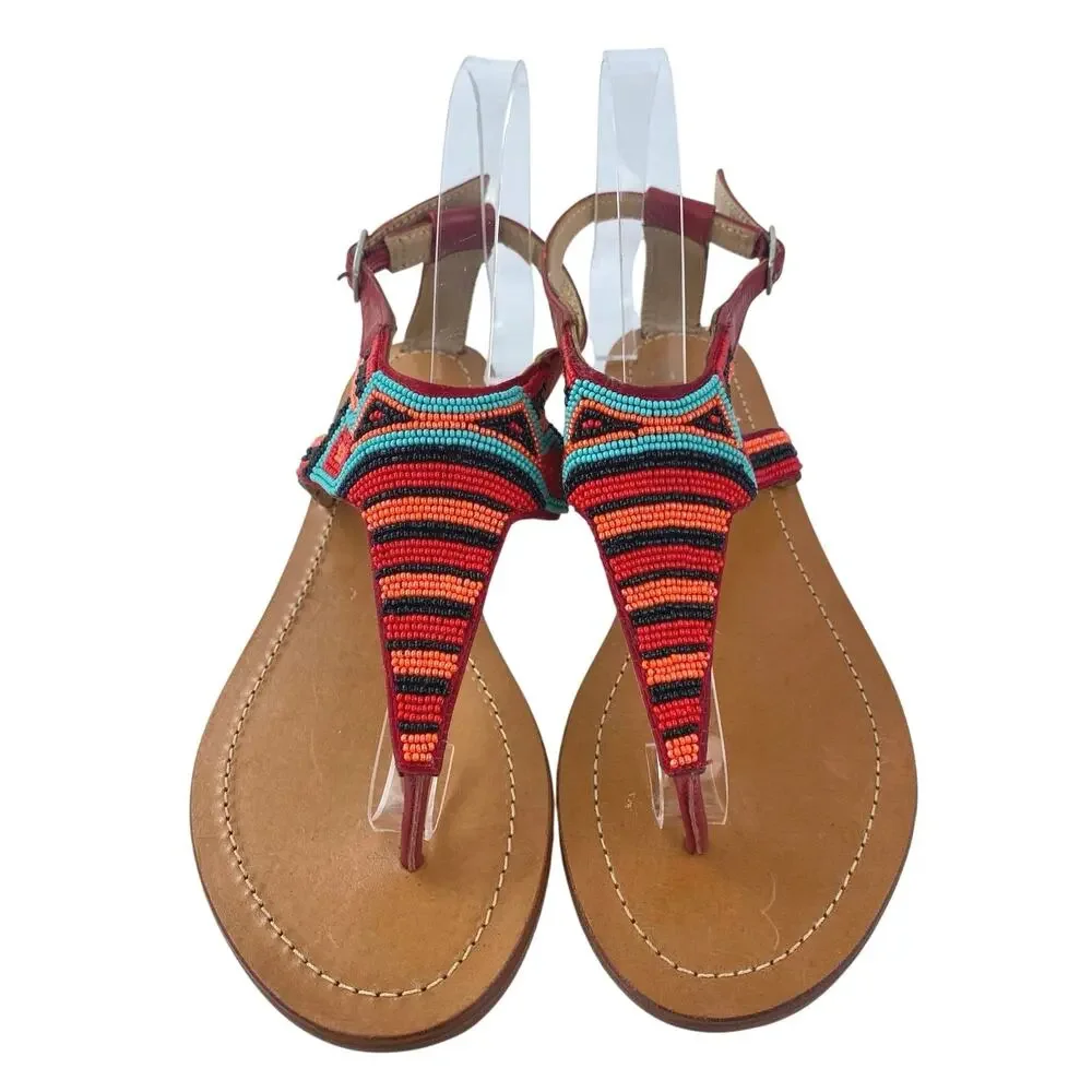 Twist Multicolor Striped  Beaded T-Strap Slingback Buckle Flats Sandals Size 8.5